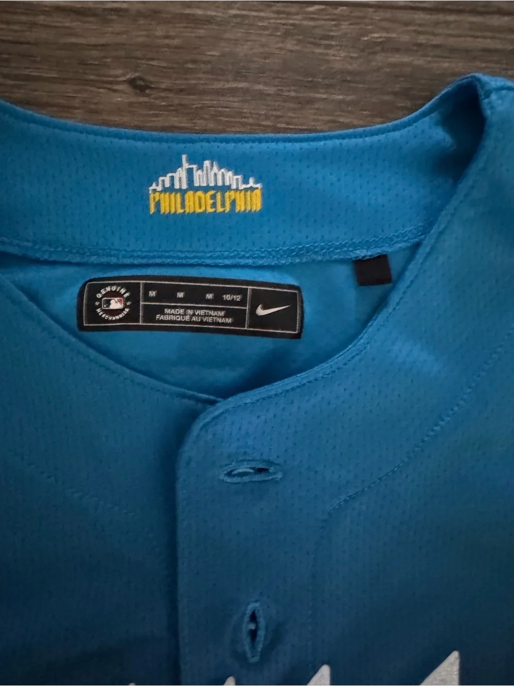 Nike Blue Button-Up Jersey with Yellow Philadelphia Embroidery